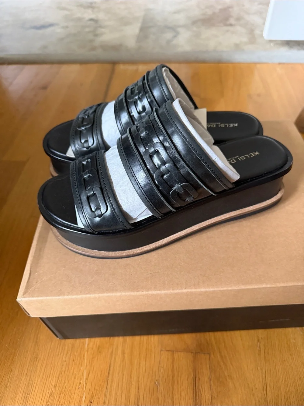 Kelsi Dagger Brooklyn Drift Black Leather Platform Slide Sandals - Women size 7